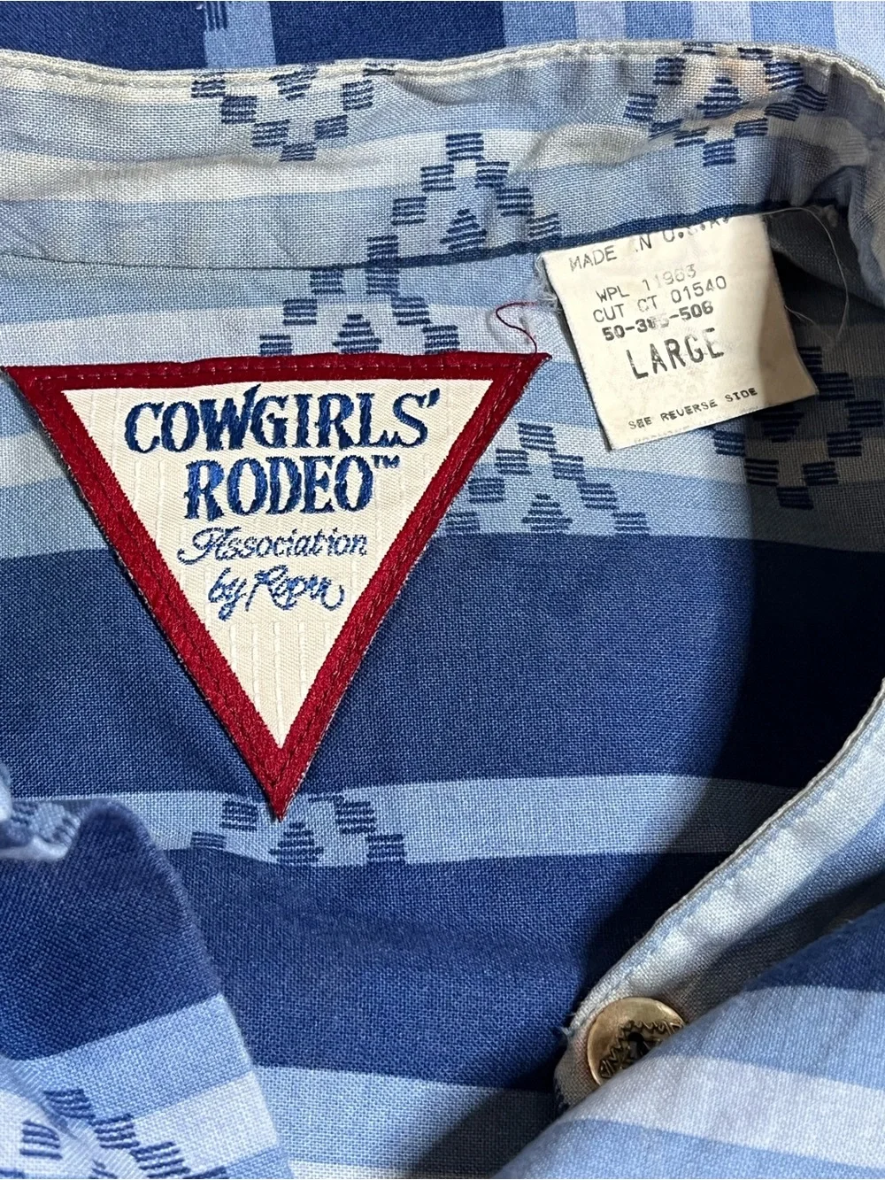 Vintage Cowgirls Rodeo Association Blue Western Stripe Cotton Button Shirt L